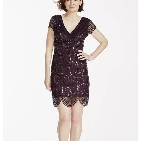 Marina Short Cap Sleeve Dress with Sequin Detail Eggplant Size 14 - Picture 1 of 16